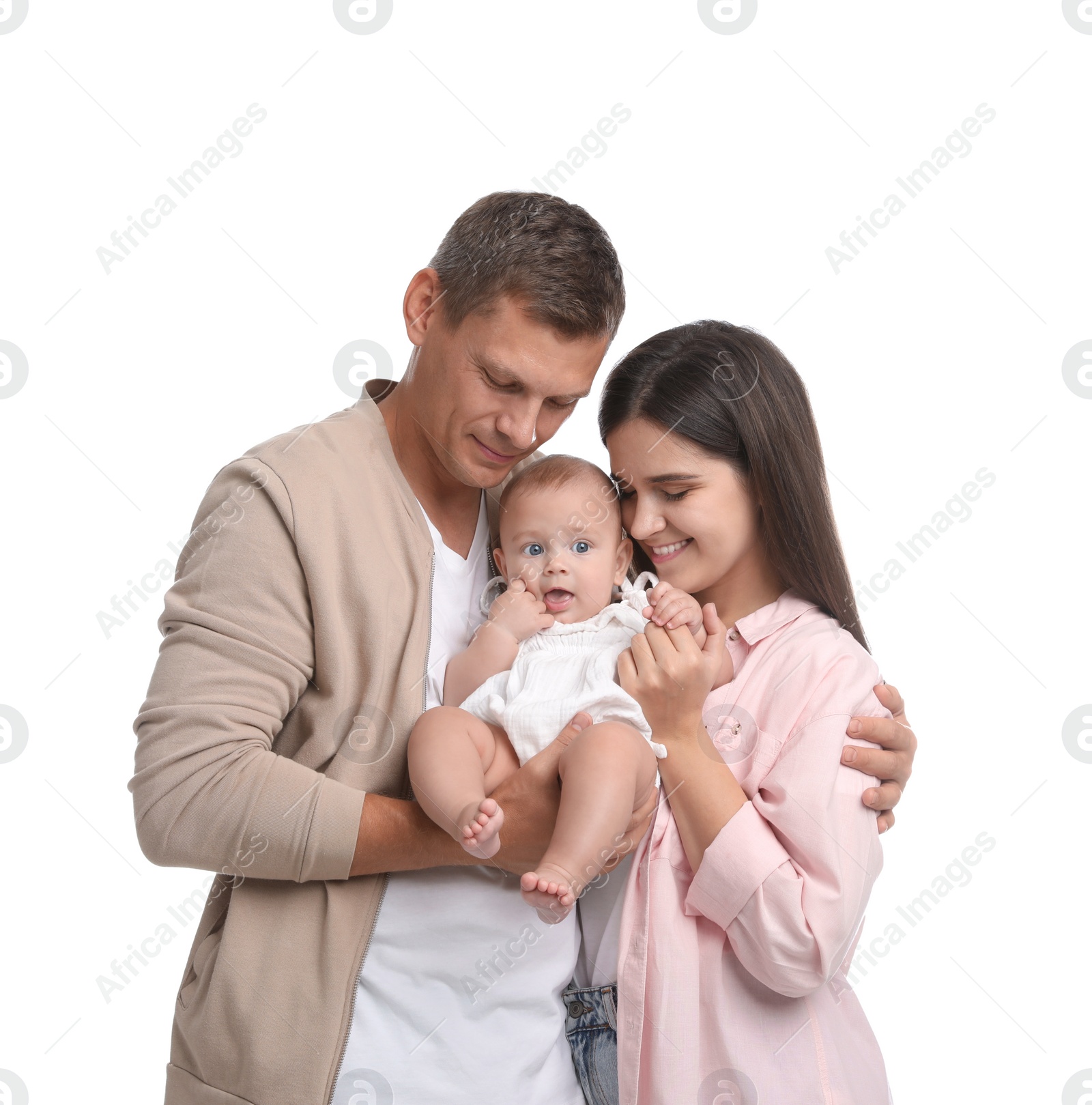 Photo of Portrait of happy family with their cute baby on white background