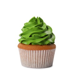 Photo of Delicious cupcake with green cream isolated on white