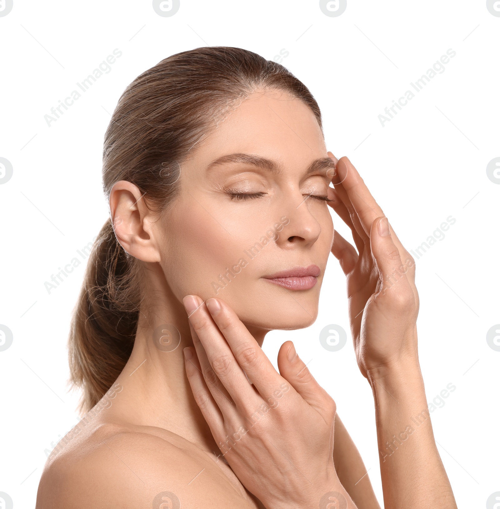 Photo of Woman massaging her face on white background