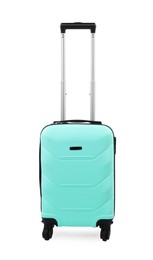 Photo of One turquoise suitcase with handle isolated on white