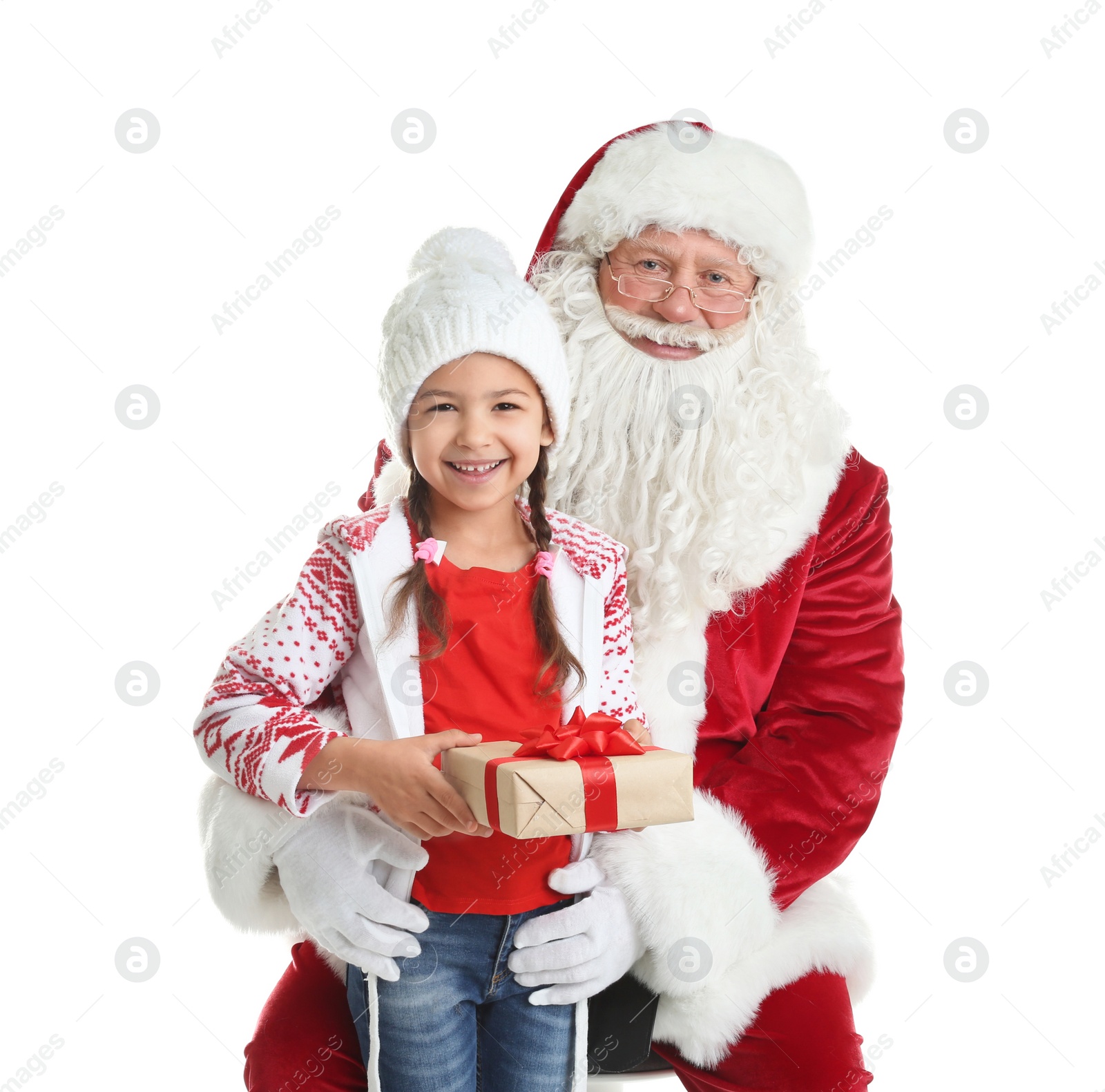 Photo of Little girl and authentic Santa Claus on white background