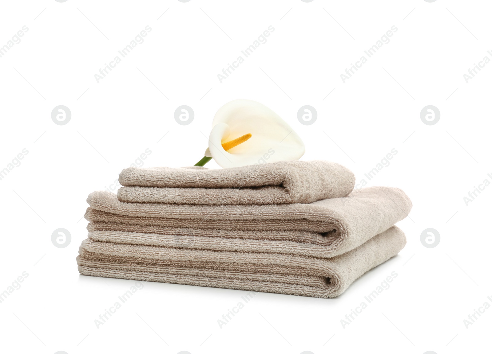 Photo of Stack of clean folded towels with flower on white background