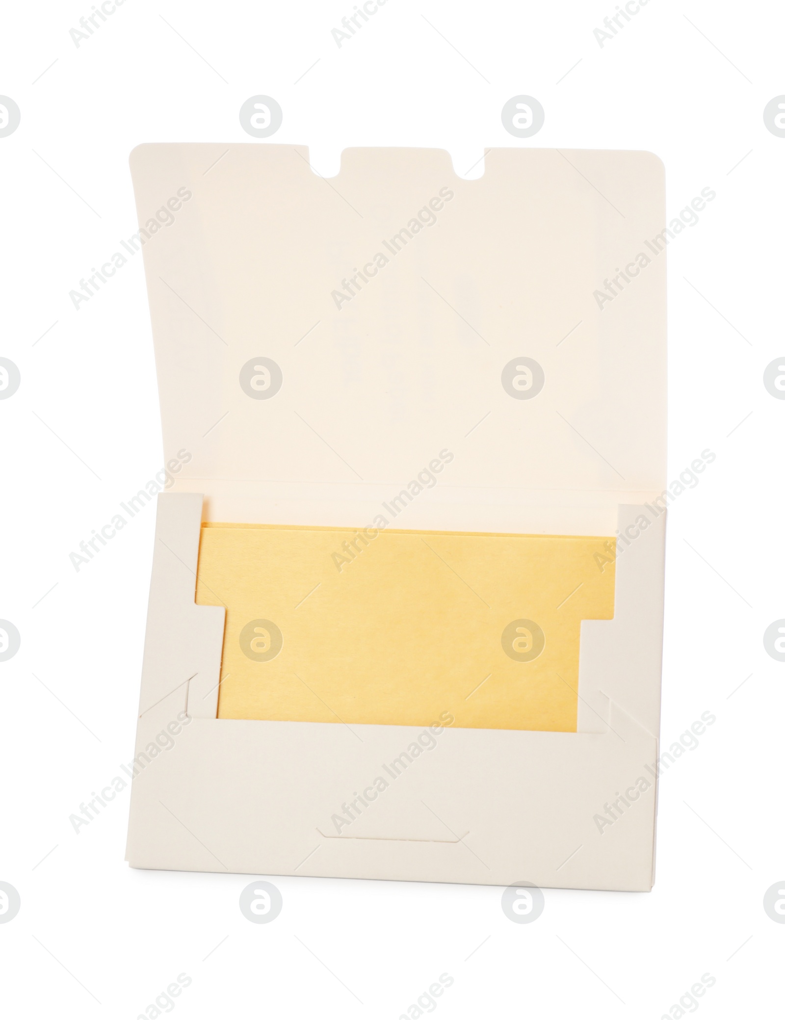 Photo of Package of facial oil blotting tissues isolated on white. Mattifying wipes