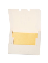 Photo of Package of facial oil blotting tissues isolated on white. Mattifying wipes