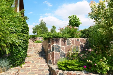Photo of Landscape with beautiful garden an stone stairs on sunny day