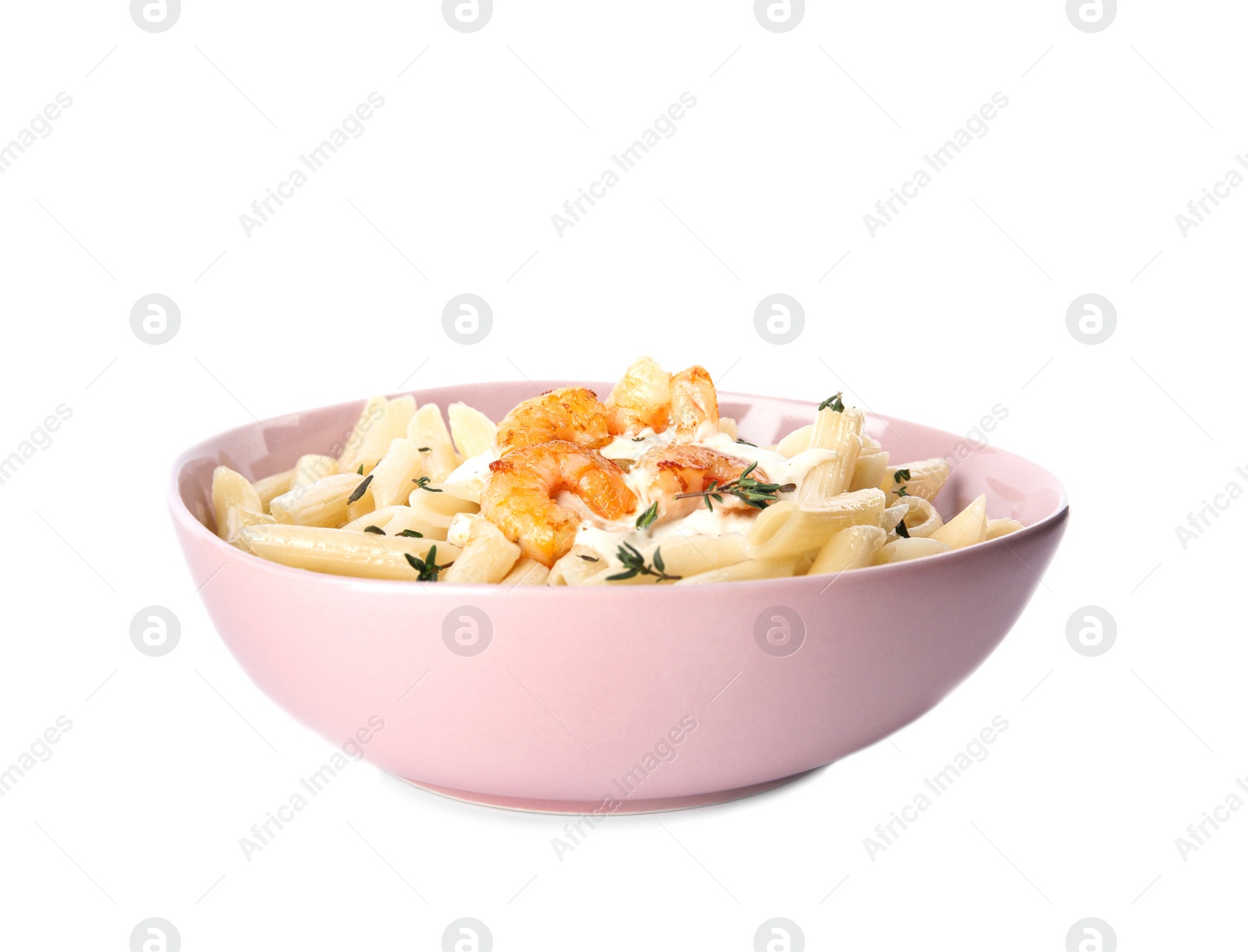 Photo of Delicious pasta with shrimps isolated on white