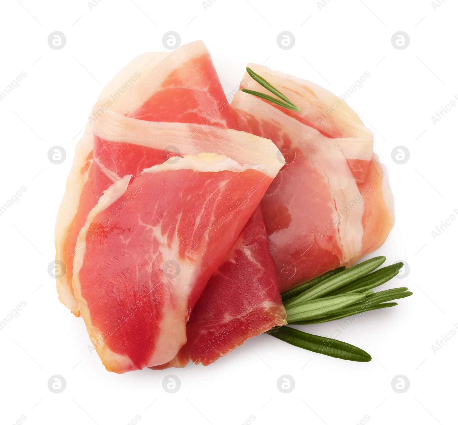 Photo of Slices of delicious jamon with rosemary on white background, top view