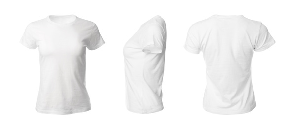 Image of Set with stylish t-shirts on white background. Banner design