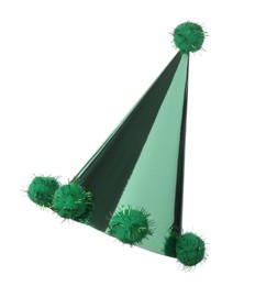 Photo of One shiny green party hat with pompoms isolated on white