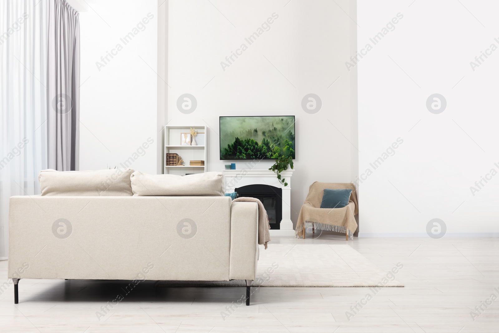 Photo of Stylish living room interior with cozy sofa, TV set and fireplace