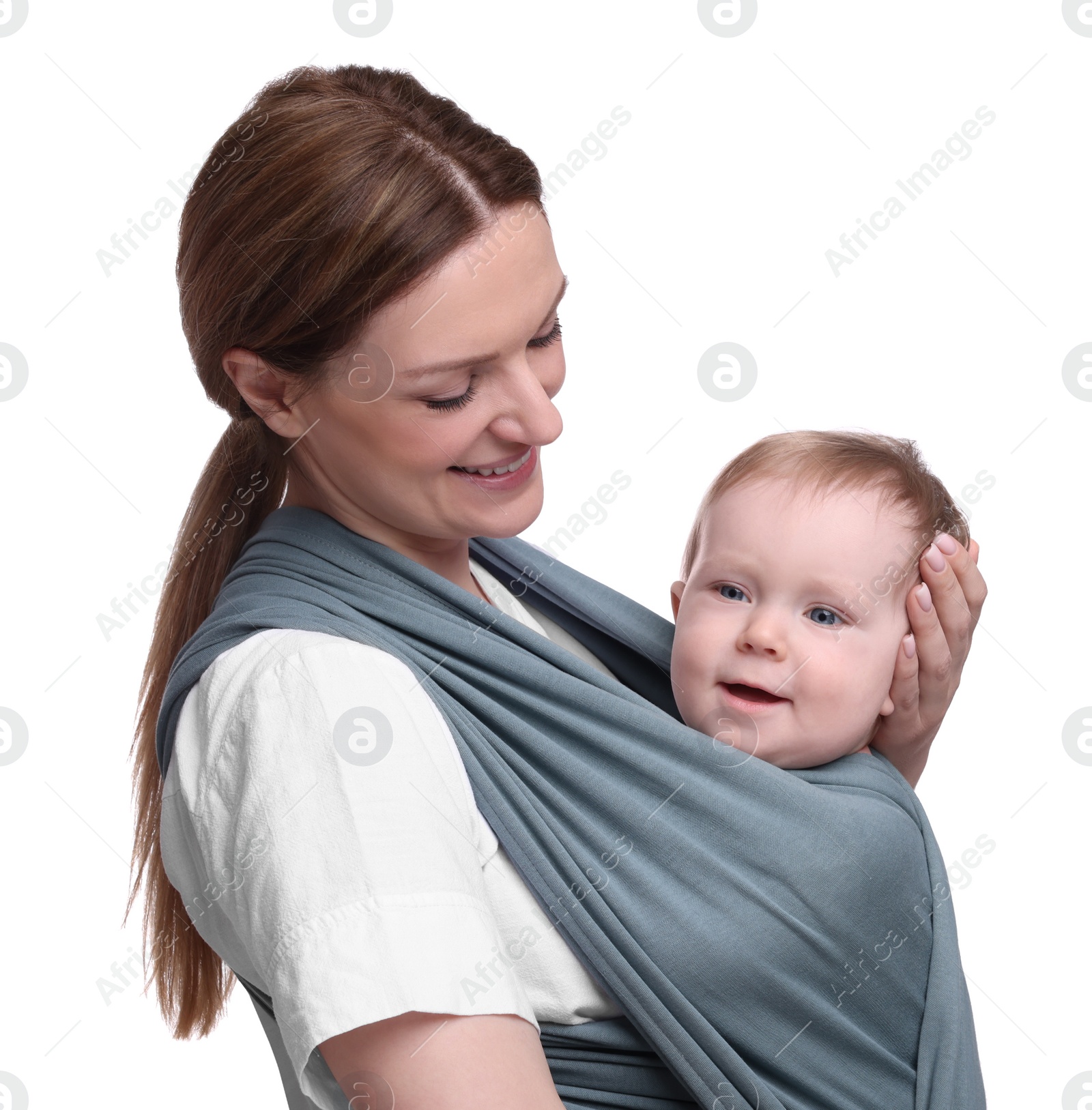 Photo of Mother holding her child in baby wrap on white background