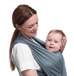 Photo of Mother holding her child in baby wrap on white background