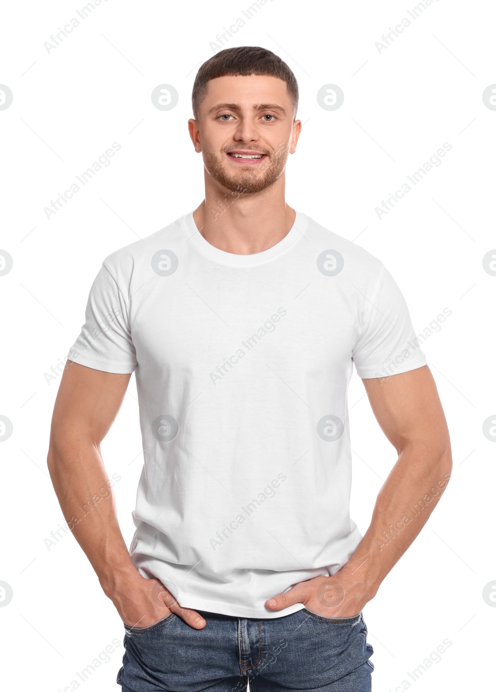 Photo of Man wearing blank t-shirt on white background. Mockup for design