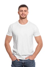 Man wearing blank t-shirt on white background. Mockup for design