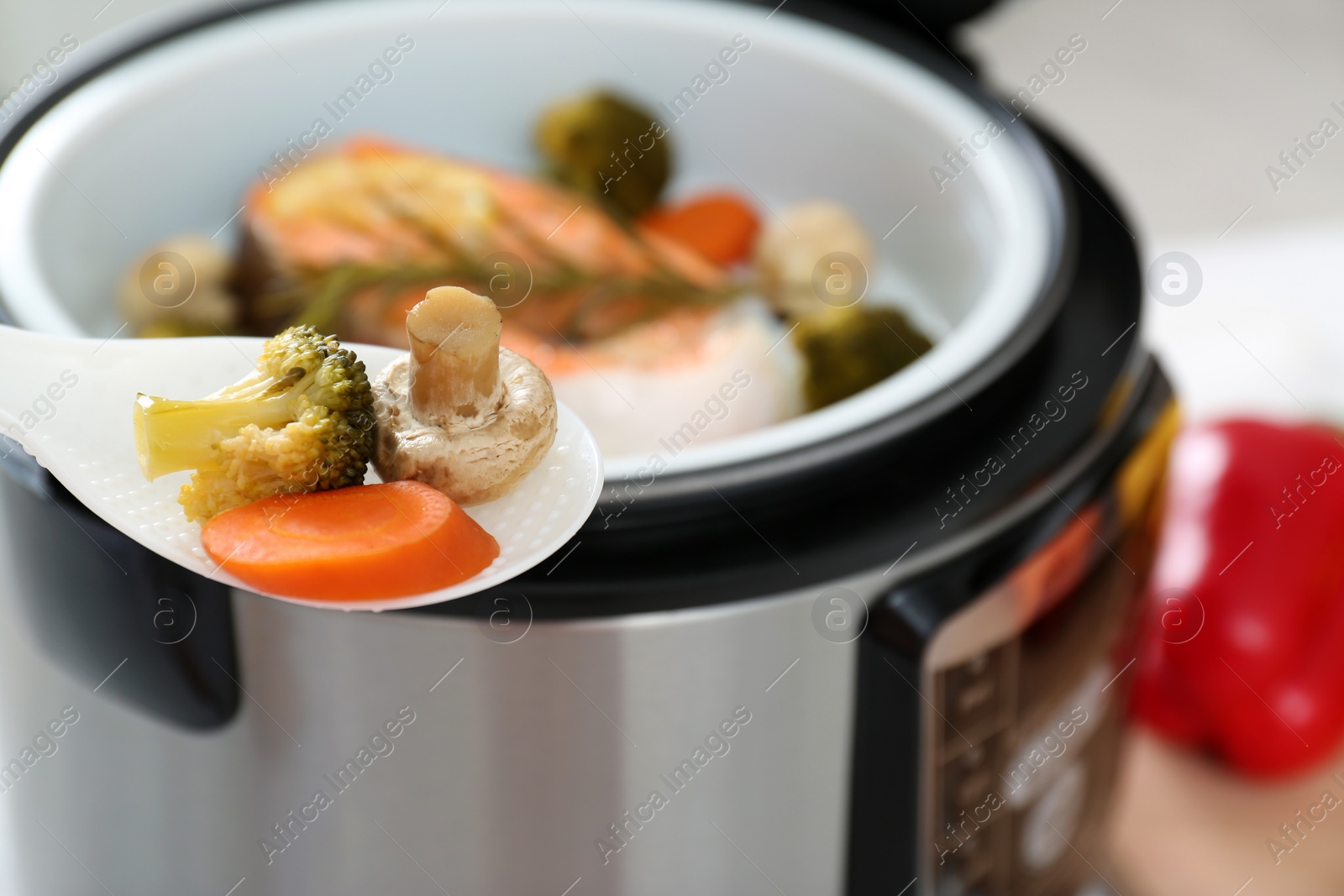 Photo of Spoon with steamed garnish and blurred multi cooker on background. Space for text