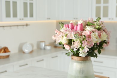 Beautiful bouquet of fresh flowers in vase indoors