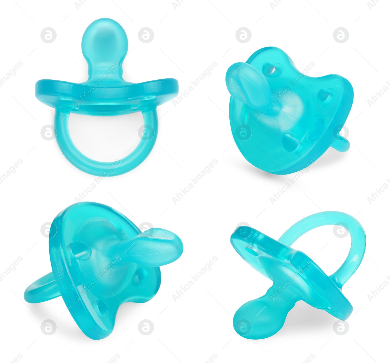 Image of Collage of light blue baby pacifier on white background, views from different sides