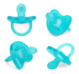 Image of Collage of light blue baby pacifier on white background, views from different sides