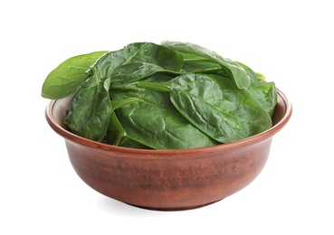 Photo of Fresh green healthy baby spinach leaves in clay bowl isolated on white