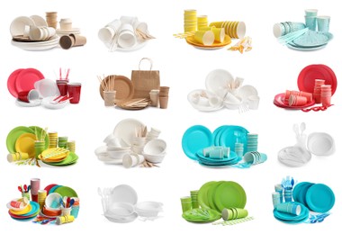 Image of Set with different disposable tableware on white background