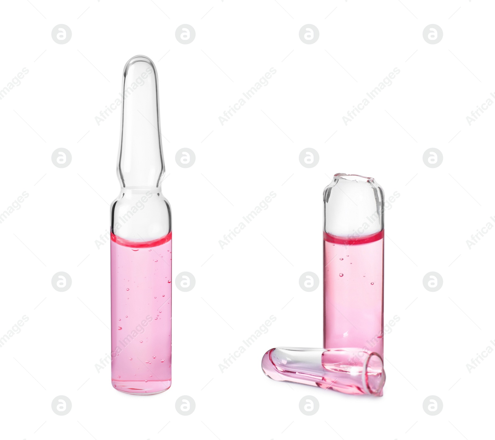 Image of Glass ampoules with pharmaceutical products on white background, collage