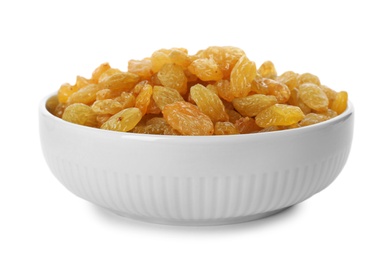 Photo of Bowl with dried golden raisins isolated on white. Healthy nutrition with fruits