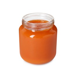 Photo of Baby food. Tasty healthy puree in jar isolated on white