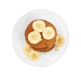 Photo of Plate of banana pancakes isolated on white, top view