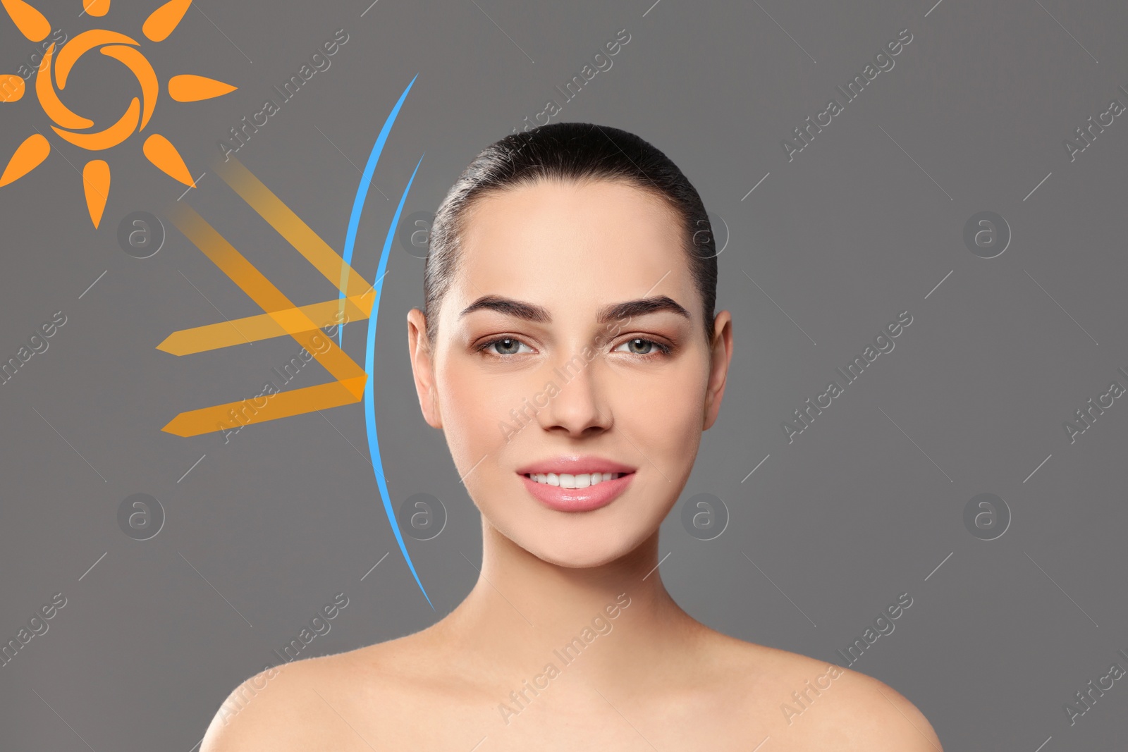 Image of Illustration of sun protection layer and beautiful young woman with healthy skin on grey background