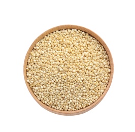 Bowl with raw quinoa on white background, top view