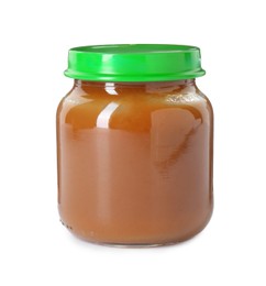 Baby food. Tasty healthy puree in jar isolated on white