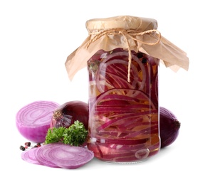 Photo of Jar of pickled onions isolated on white