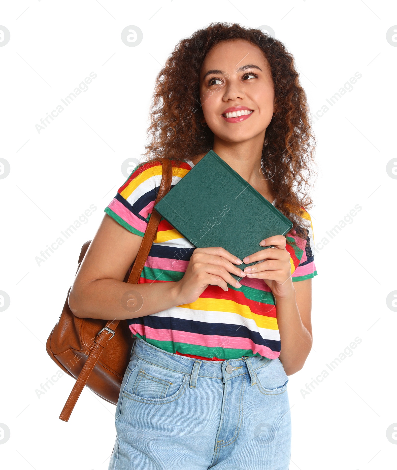 Photo of Beautiful African-American woman with book on white background. Reading time