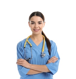 Photo of Portrait of medical assistant with stethoscope on white background