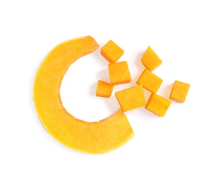 Photo of Pieces of ripe orange pumpkin on white background, top view