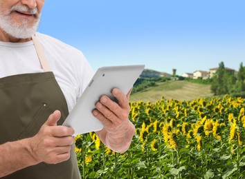 Farmer with tablet computer in field, closeup. Harvesting season