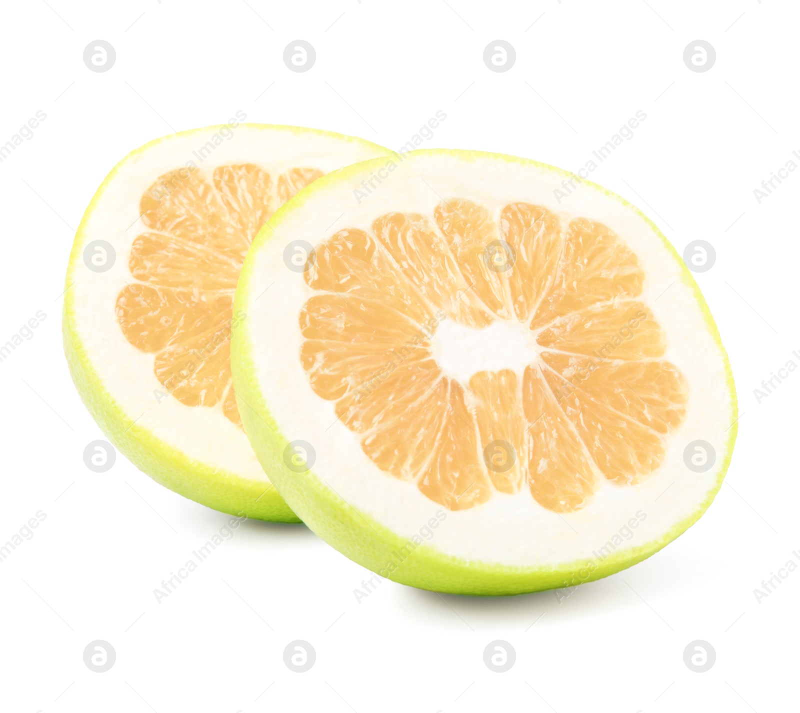 Photo of Halves of fresh ripe sweetie fruit on white background