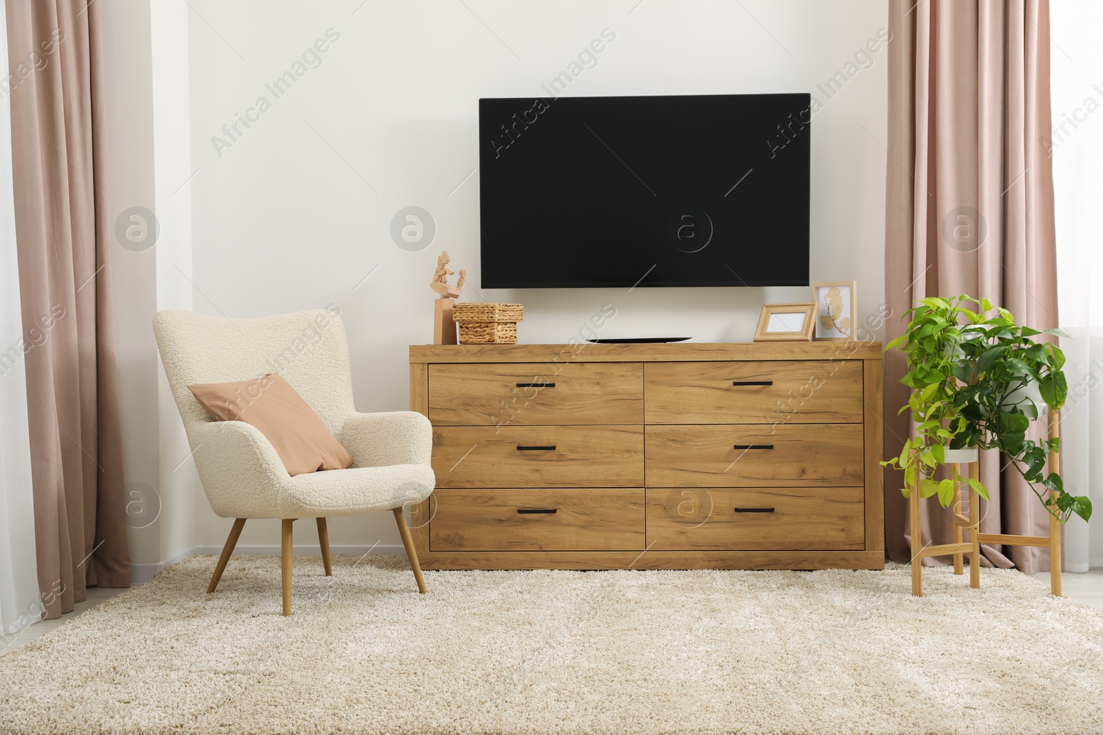 Photo of Cozy room interior with chest of drawers, TV set, armchair and decor elements