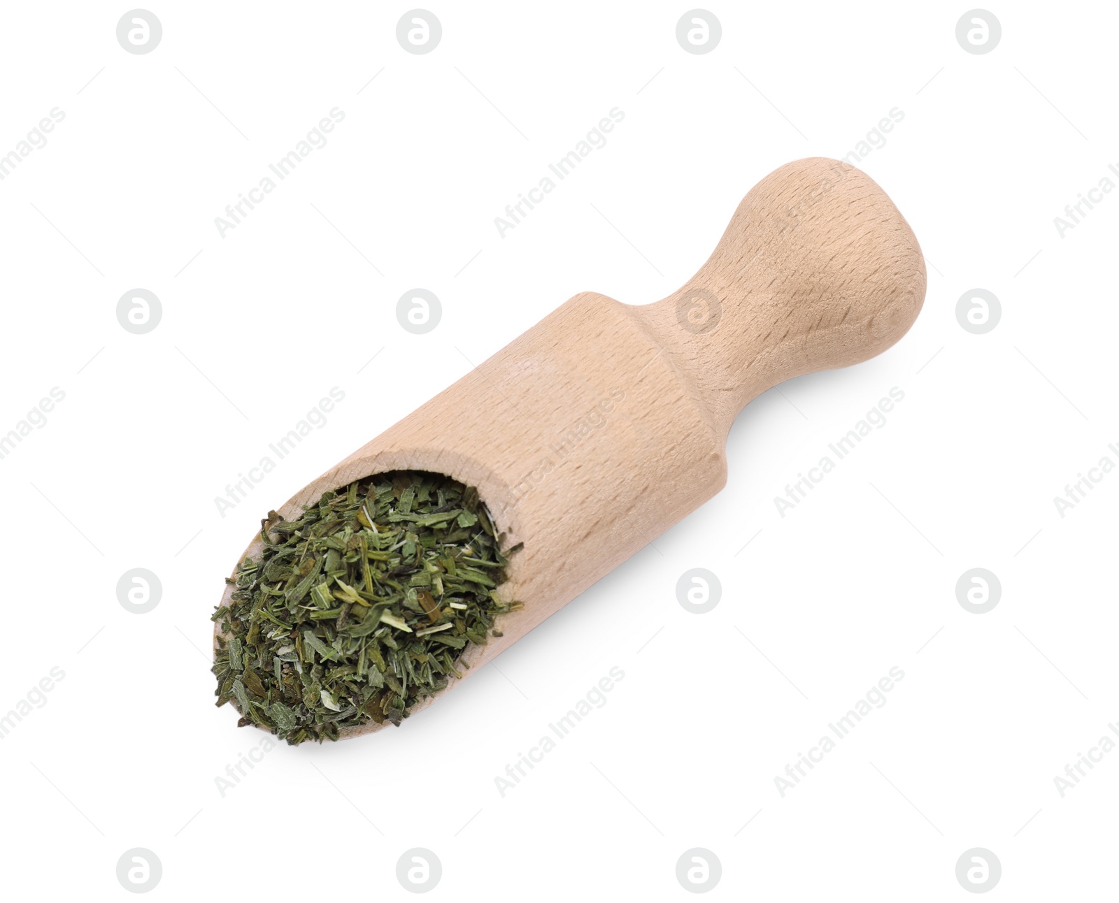 Photo of Scoop of dry tarragon isolated on white, top view