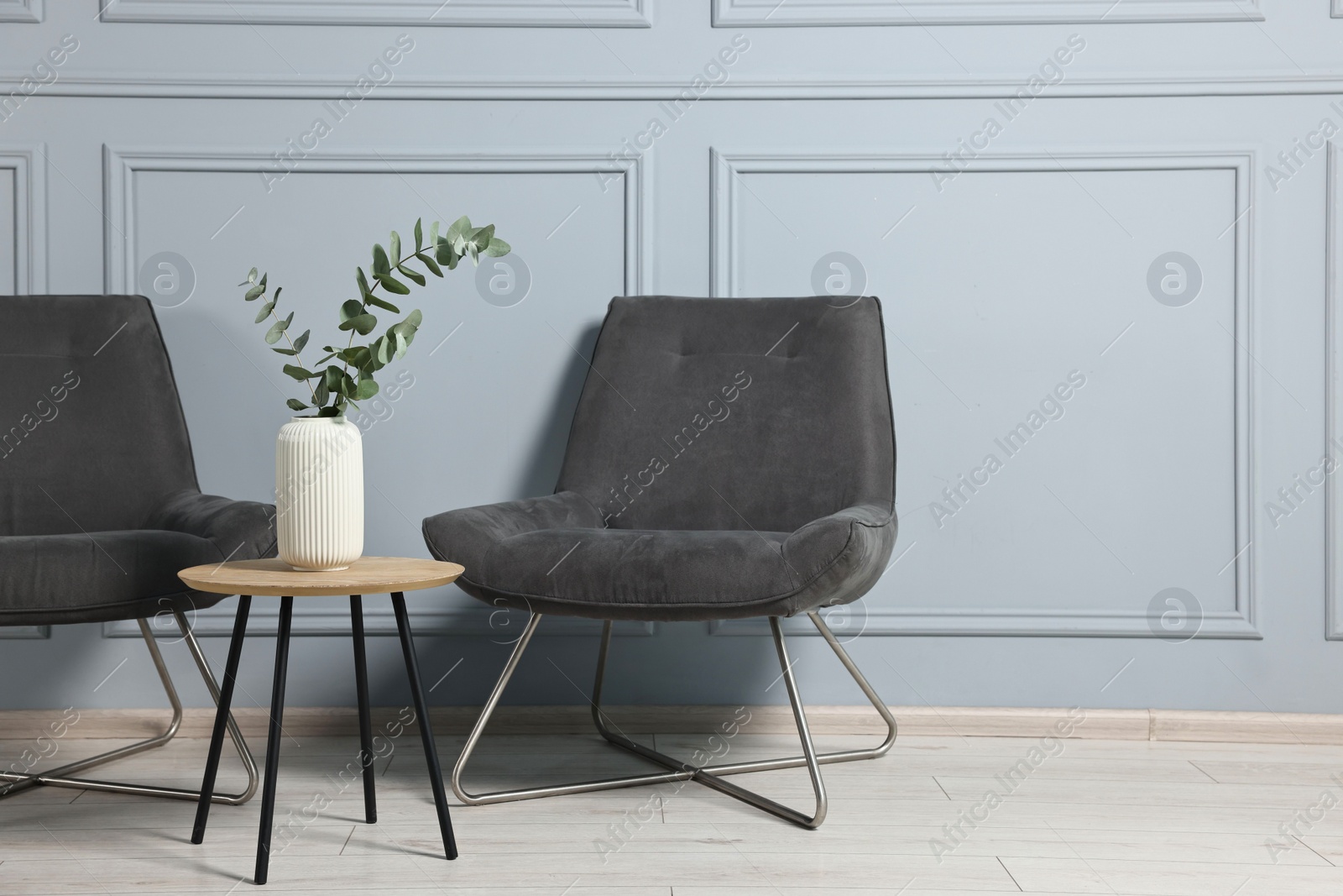 Photo of Comfortable armchairs, side table and eucalyptus indoors, space for text