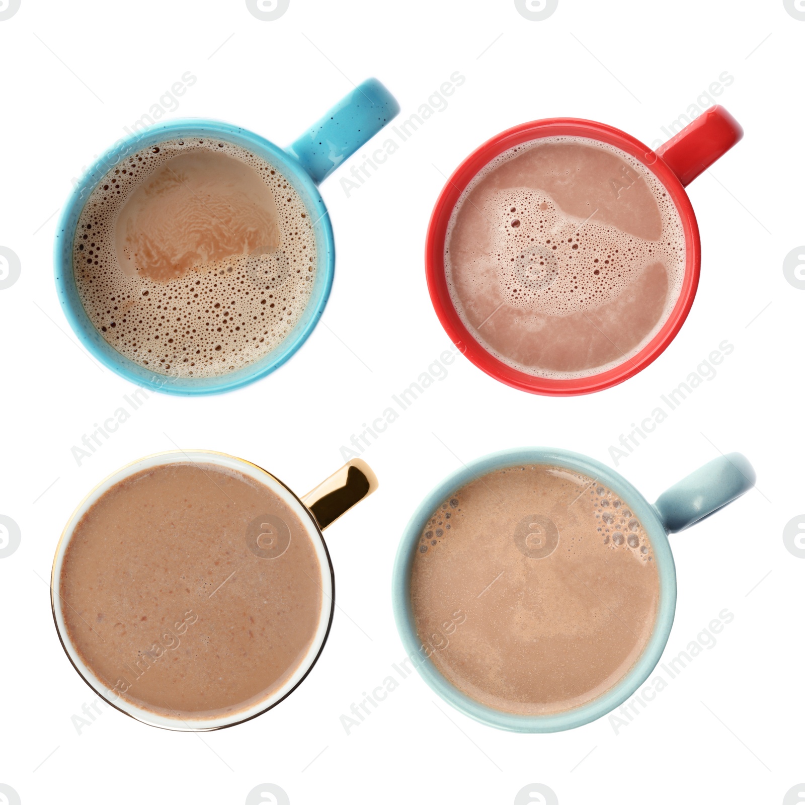 Image of Set of mugs with delicious hot cocoa drink on white background, top view