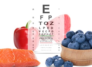 Image of Improving eyesight. Vision test chart and different food products, double exposure
