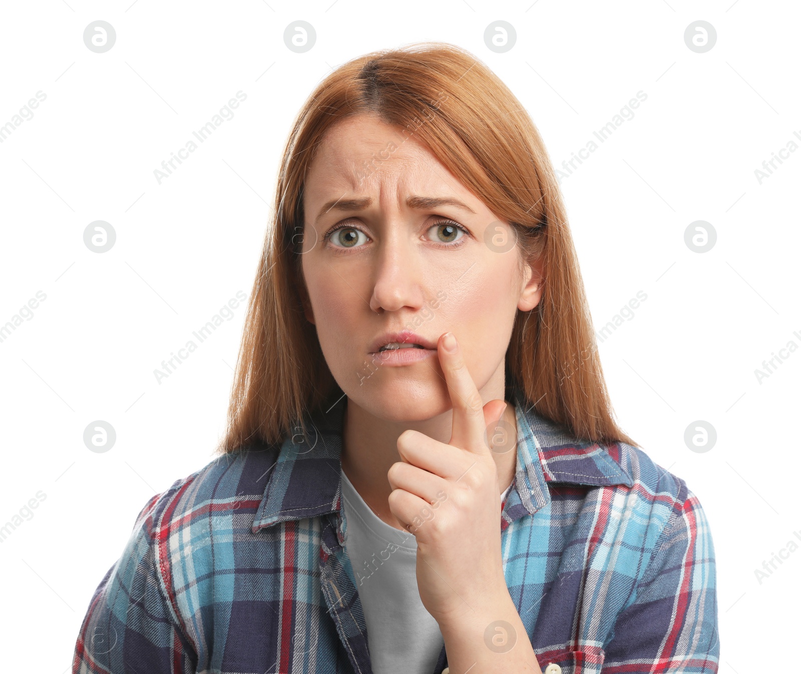 Photo of Upset woman suffering from herpes on white background