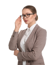 Portrait of young businesswoman on white background