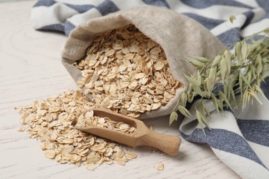 Photo of Oatmeal and branches with florets on white wooden table