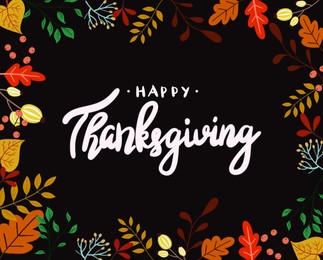 Illustration of Thanksgiving day card design. Text in frame with autumn leaves on black background, illustration