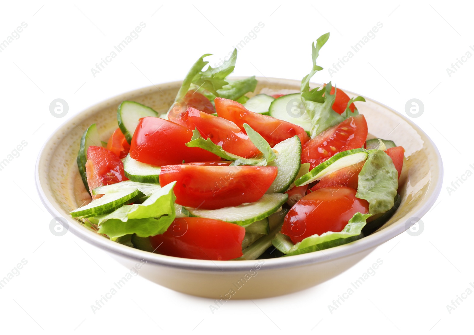 Photo of Delicious fresh cucumber tomato salad in bowl on white background