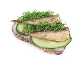 Photo of Delicious sandwich with smoked sprats, cucumber and dill isolated on white, above view