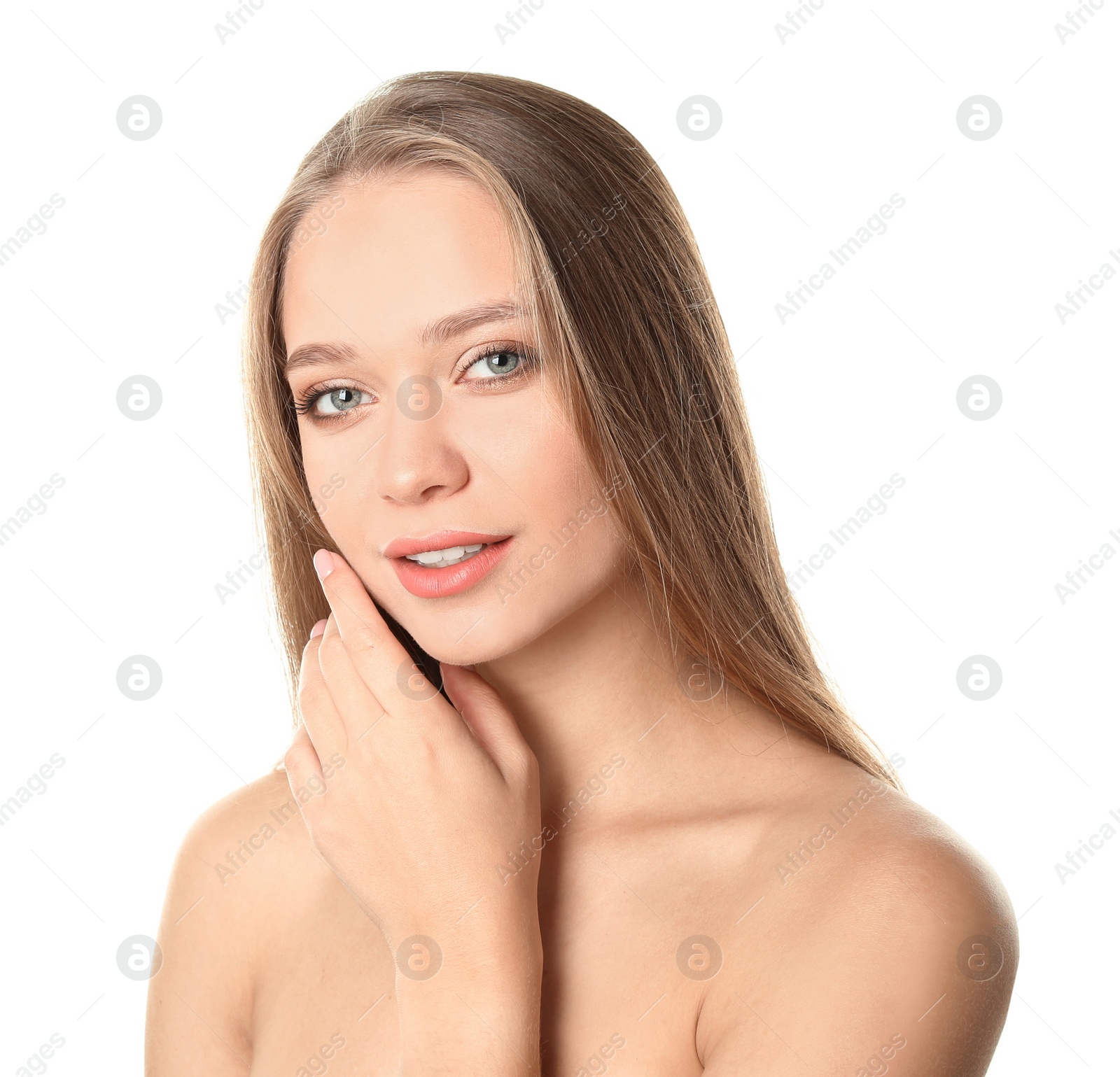 Photo of Portrait of beautiful young woman with natural makeup on white background