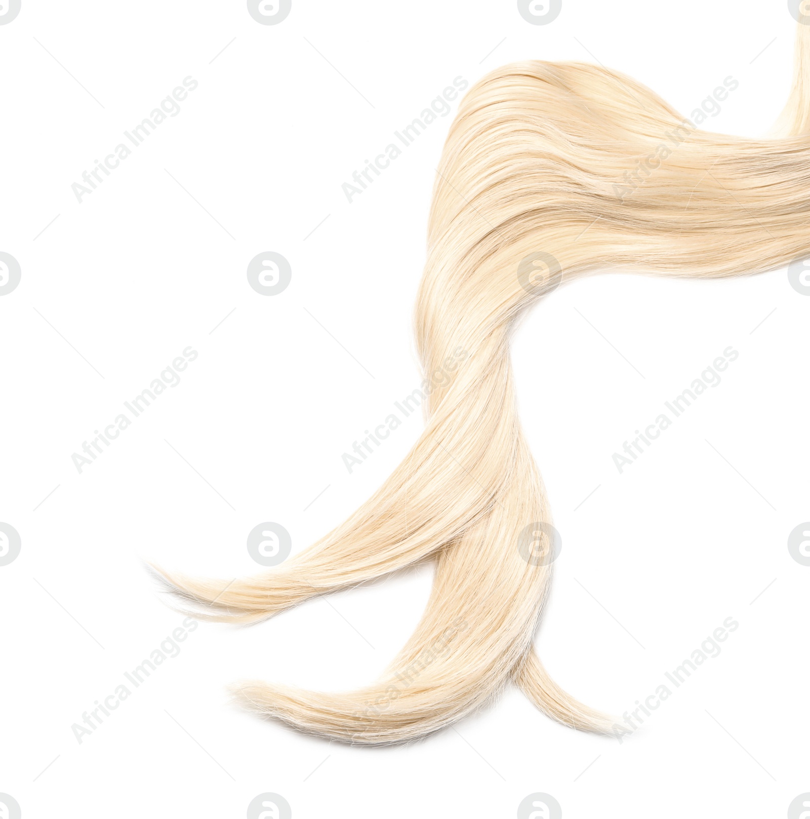 Photo of Lock of beautiful blonde straight hair isolated on white, top view